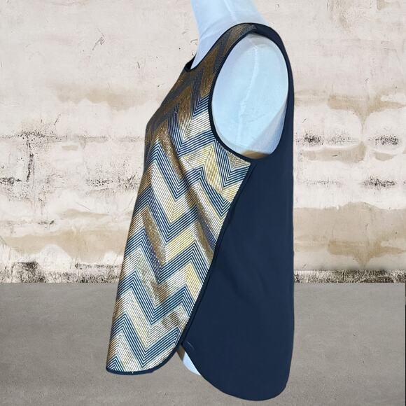 J.Crew Metallic Gold & Blue Sleeveless Blouse with Chevron Print Design-Size 6 - Picture 3 of 6